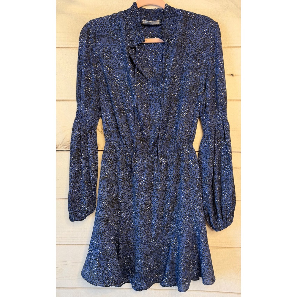 Asher Rueben Dress Blue Black Animal Print Smocked Neck Mini Dress Small